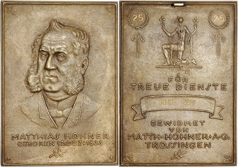 - Musik Bronze-Plakette o.J. (v. Fritz Nuss) der Musikinstrumentenfabrik Hohner ...