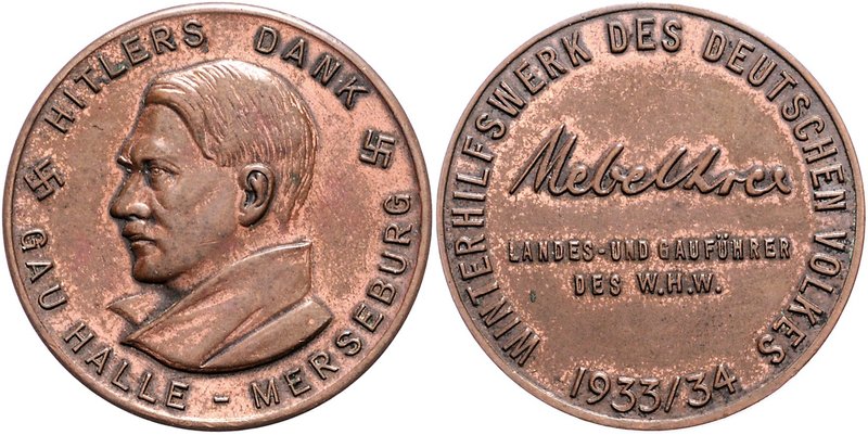 - Personen - Hitler, Adolf 1889-1945 Bronzemedaille 1934 kupferplattiert des Win...