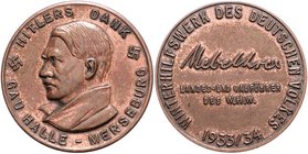 - Personen - Hitler, Adolf 1889-1945 Bronzemedaille 1934 kupferplattiert des Winterhilfswerkes, Hitlers Dank Gau Halle-Merseburg Colb./Hyd. C-60. 
l....