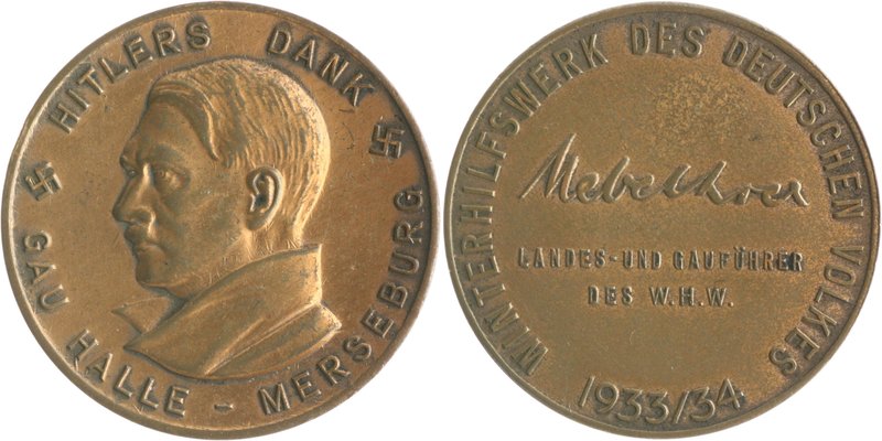 - Personen - Hitler, Adolf 1889-1945 Bronzemedaille 1934 kupferplattiert des Win...
