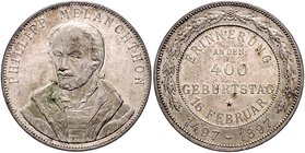 - Reformation Bronzemedaille 1897 versilbert (unsign.) a.d. 400. Geburtstag von Philipp Melanchton Whiting 809. 
33,4mm 14,6g vz