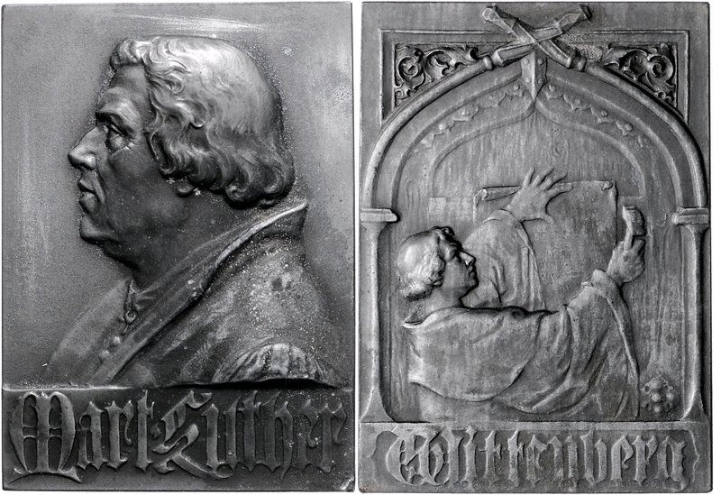 - Reformation Zinkplakette o.J. (v. R.M.) Martin Luther / Anschlag der Thesen Wh...
