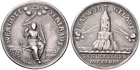 - Religion Silbermedaille o.J. (unsign.) 'Wer Gott vertraut / Hat wol gebaut im Himmel und auf Erden' G.P.H. -. 
25,0mm 5,5g ss