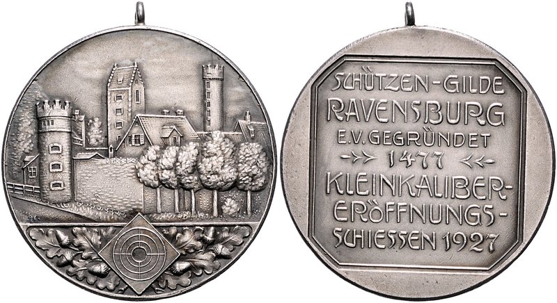 - Schützenmedaillen - Ravensburg Medaille 1927 (versilbert?) (unsign.) a.d. Klei...