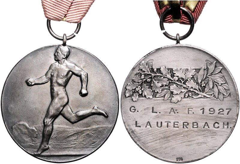 - Sport Silbermedaille 1927 (unsign.) Nackter Läufer / punziert: G.L.A.F. 1927 L...