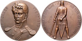 - Befreiungskriege 1813-1815 Bronzemedaille o.J. auf den Dichter Theodor Körner 1791-1813, Rs: Ritter mit Schild und Schwert i.Rd: B.H. MAYER PFORZHEI...