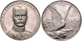 - Erster Weltkrieg Silbermedaille 1915 (v. Eue/Oertel) auf Generalstabschef von Falkenhayn, i.Rd: SILBER 990 Zetzm. 2092. 
l. ber. 34,1mm 18,2g vz