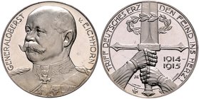 - Erster Weltkrieg Silbermedaille 1915 (v. Hummel/Lauer) auf Generaloberst von Eichhorn, i.Rd: SILBER 990 Zetzm. 2100. 
kl.Kr. 33,3mm 18,7g f.st