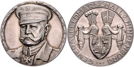 - Erster Weltkrieg Silbermedaille 1914 (v. Eue/Grünthal) auf Generalfeldmarschall v. Hindenburg, i.Rd: SILBER 990 Zetzm. 6010 var. 
34,1mm 18,2g vz+