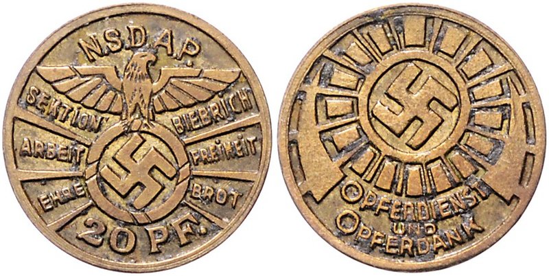 - Allgemeine Medaillen Marke o.J. Spendenmarke zu 20 Pf. der NSDAP Sektion Biebr...