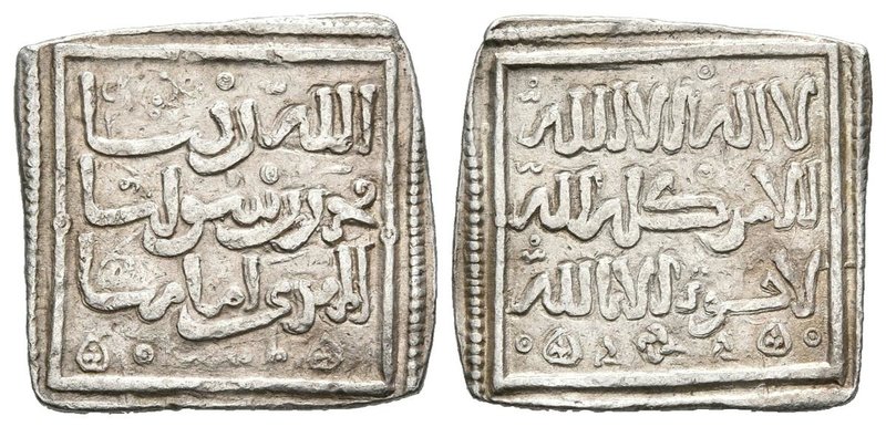 ALMOHADES. Dirham. Anónimo, citando a Al-Mahdi. Variante de decoración en ambas ...