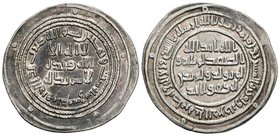 CALIFATO OMEYA DE DAMASCO. Al-Walid I Ibn ´Abd Al-Malik. Dirham. 96 H. Dimashq (Damasco). Album 128. Ar. 2,85g. Tono. Graffiti en reverso. MBC+.