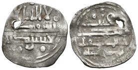AGHLABIDS. Ibrahim II Ibn Ahmad. 1/2 Dirham. 261-289H. ¿Al-Abbasiya?. Album 449. Ar. 1,09g. Perforación y grieta. MBC-. Rara.