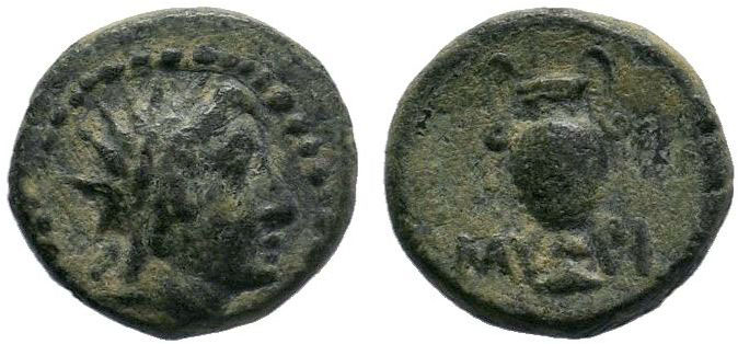 Aiolis, Myrina. 2nd-1st centuries B.C. AE . Radiate head of Helios right / MY, a...