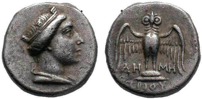Pontos, Amisos AR Hemidrachm. Circa 2nd century BC. Head of Tyche right / Owl st...