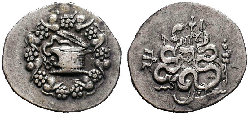 Mysia, Pergamon AR Cistophoric Tetradrachm. Circa 133-67 BC. Serpent emerging fr...
