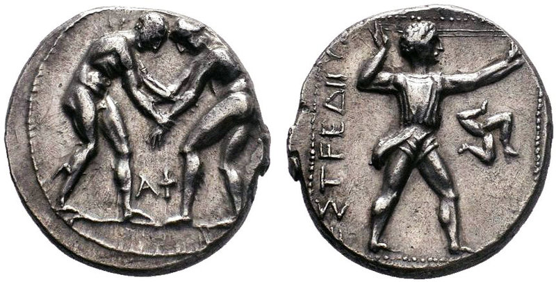 Pamphylia, Aspendos AR Stater. Circa 420-370 BC. Two wrestlers grappling; AΦ bet...