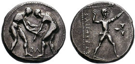 PAMPHYLIA, Aspendos. Circa 380/75-330/25 BC. AR Stater . Two wrestlers grappling; BΛ between / Slinger in throwing stance right; triskeles to right; a...
