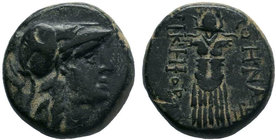 MYSIA, Pergamon. Circa 133-27 BC. AE Bronze . Head of Athena to right, wearing Corinthian helmet. Rev. ΑΘΗΝΑΣ ΝΙΚΗΦΟΡΟY Trophy consisting of helmet an...