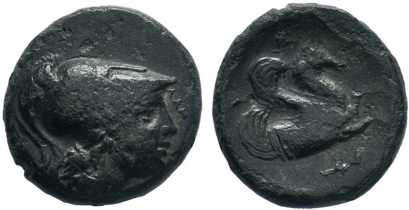 MYSIA. Lampsakos. 4th-3rd century BC. Trichalkon AE Bronze. Head of Athena to ri...