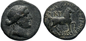 AEOLIS. Kyme. 1st century BC-1st century AD. AE Bronze, Secundas, Prytanis. KYMH Head of the Amazon Cyme to right. Rev. EΠI ΠP CEKOYNΔAC / KY Horse pr...