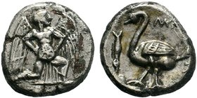 CILICIA, Mallos. Circa 440-390 BC. AR Stater . Winged male figure advancing right, holding solar disk / Swan standing left; fish to left; all within i...