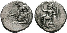 CILICIA, Tarsos. Tiribazos, Satrap. 386-380 BC. AR Stater . Athena seated left, holding spear in right hand, left elbow resting on shield; olive tree ...