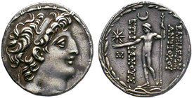 Seleukid Kings of Syria, Antiochos VIII Epiphanes Grypos AR Tetradrachm. Ake-Ptolemaïs, circa 121-113 BC. Diademed head of Antiochos right within fill...