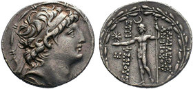 Seleukid Empire, Antiochos VIII Epiphanes Grypos AR Tetradrachm. Ake-Ptolemais, circa 121-113 BC. Diademed head of Antiochos right within fillet borde...