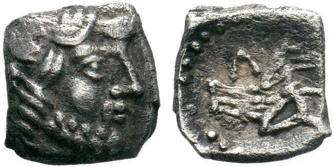 Lycaonia, Laranda. AR Obol , c. 324/3 BC.Obv. Head of Herakles to right.Rev. For...
