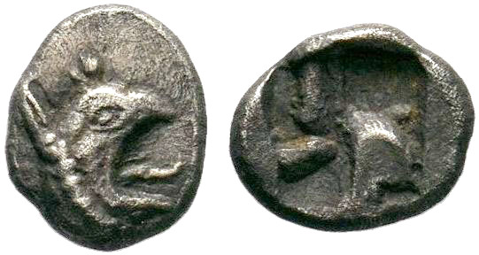 Ionia. Phokaia 530-500 BC. AR Obol . Head of griffin right / Quadripartite incus...