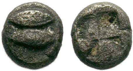 MYSIA, Kyzikos. Circa 550-480 BC. AR Obol . Dolphin left; below, tunny left / Qu...