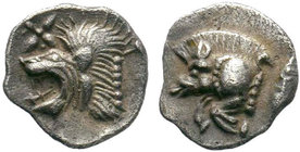 Mysia. Kyzikos,AR Obol , c. 450-400 BC. Obv. Forepart of boar left, tunny behind. Rev. Head of lion left. SNG France 369-70; SNG Aulock 7331

Condit...