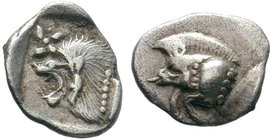 Mysia. Kyzikos circa 480 BC.MYSIA, Kyzikos. 525-475 BC. AR Obol . Forepart of boar , tunny-fish behind / Head of lion in shallow incuse square, facing...