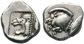 Mysia. Kyzikos circa 480 BC.MYSIA, Kyzikos. 525-475 BC. AR Obol . Forepart of boar , tunny-fish behind / Head of lion in shallow incuse square, facing...
