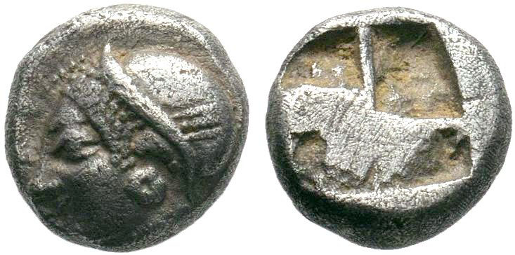 Ionia, Phokaia. Ca. 521-478 B.C. AR obol . Archaic female head left / Quadripart...