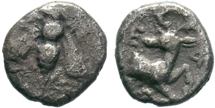 Greek Ionia. Ephesos circa 390-380 BC. AR Obol . Bee, E-Φ flanking / Forepart of...
