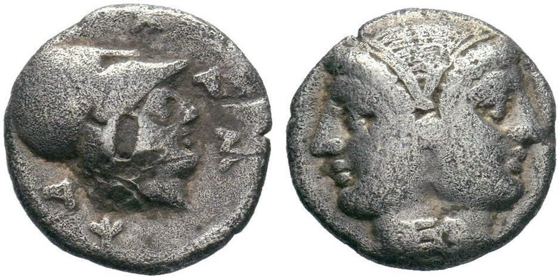 MYSIA. Lampsakos. Obol (4th century BC). Obv: Janiform female head. Rev: Helmete...