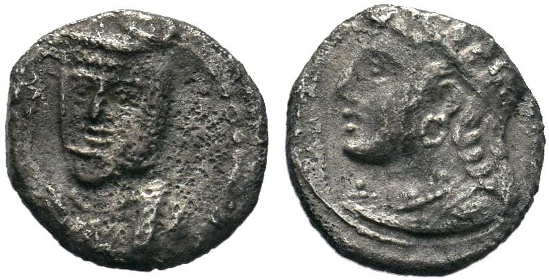 CILICIA, Uncertain. Circa 4th century BC. AR Obol . Three-quarter facing head of...