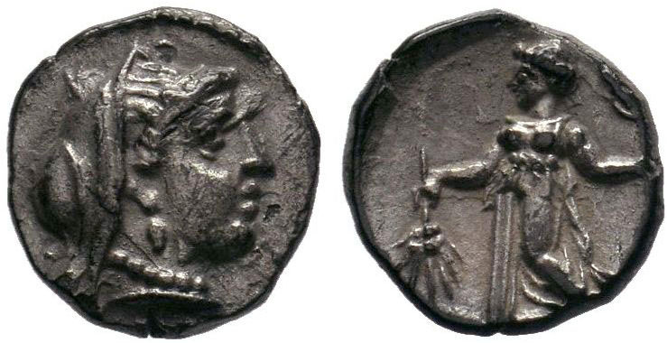 CILICIA, Mallos. 385-333BC. AR Obol (0.60 gm). Veiled head of Demeter / Demeter ...