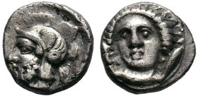 Cilicia, Tarsos AR Obol. Time of Pharnabazos and Datames, circa 384-361 BC. Female head (Arethusa?) facing slightly left, flanked by two dolphins / He...
