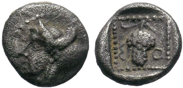 Cilicia, Soloi AR Obol. 425-400 BC. Head of Amazon left, wearing pointed cap / G...