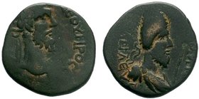 MESOPOTAMIA. Edessa. Septimius Severus with Abgar VIII (193-211).AE Bronze. Obv: Laureate head of Septimius Severus right. Rev: Diademed and draped bu...