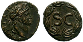 SYRIA.Seleucis and Pieria. Antioch. Domitian AD 81-96. AE Bronze . IMP DOMITIANVS CAES AVG, laureate head right / Large S C within laurel wreath of ei...