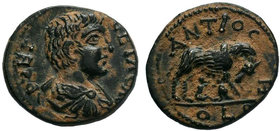 PISIDIA. Antioch. Geta (Caesar, 198-209). AE Bronze. Obv: P ƧEP GETA CAE. Bareheaded, draped and cuirassed bust right. Rev: ANTIOCH / COLO. Lupa Roman...