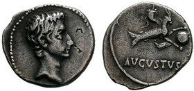 Augustus (27 BC-AD 14). AR denarius .Spain (Colonia Patricia?), ca. 17/6 BC. Bare head of Augustus right / Capricorn right, holding globe attached to ...