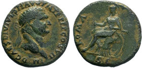 Domitian Æ Dupondius. Uncertain mint in Thrace(?), AD 82. IMP D CAES DIVI VESP F AVG PM TR P PP COS VIII, radiate head right / ROMA, Roma seated left ...
