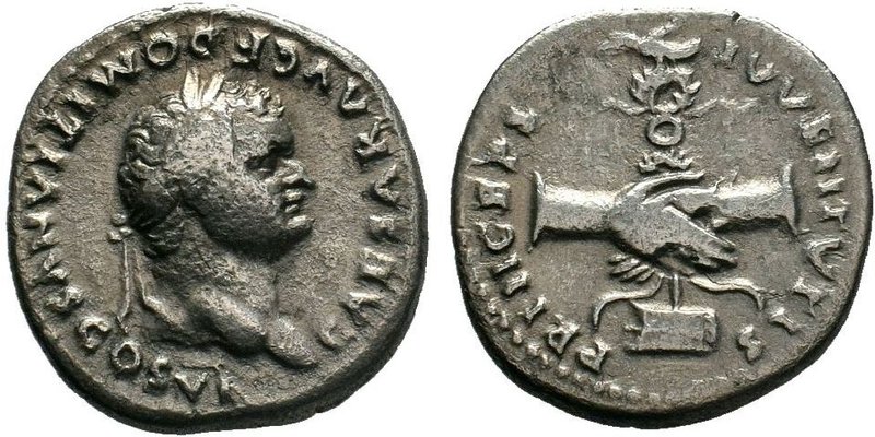DOMITIAN (81-96). Denarius. Rome.
Obv: CAESAR AVG F DOMITIANVS COS VI.
Laureate ...