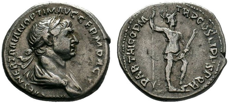 TRAJAN (98-117). Denarius. Rome.
Obv: IMP CAES NER TRAIAN OPTIM AVG GERM DAC.
La...