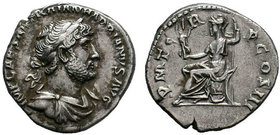 Hadrian (117-138 AD), AR Denarius, 3.27g, imp caesar traian hadrianvs avg , laureate bust right, draped and cuirassed, rev. pm trp cos iii, Roma drape...
